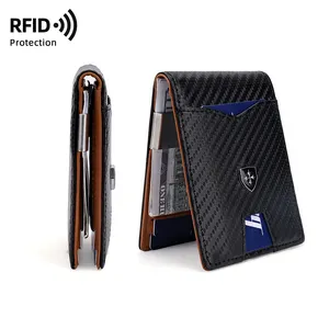 Porta-cartões de crédito RFID duplo slim para homens, carteira com clipe de couro pu para homens, carteira personalizada em fibra de carbono para dinheiro, baellery