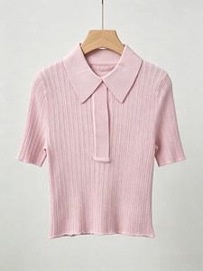 เสื้อโปโลถักลายริบสีชมพู แขนสั้น ทรงเข้ารูป สไตล์ครอปท็อป ผ้าเนื้อเดียว สีพื้น เรียบง่าย เหมาะสำหรับใส่ลำลองในฤดูร้อน - Product Image 1
