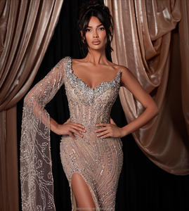 MD50103 Abito da <span class=keywords><strong>Sera</strong></span> su Misura con Cristalli e Perline, Monospalla Sexy con Spacco Alto, Stile Red Carpet per Celebrità - Product Image 2