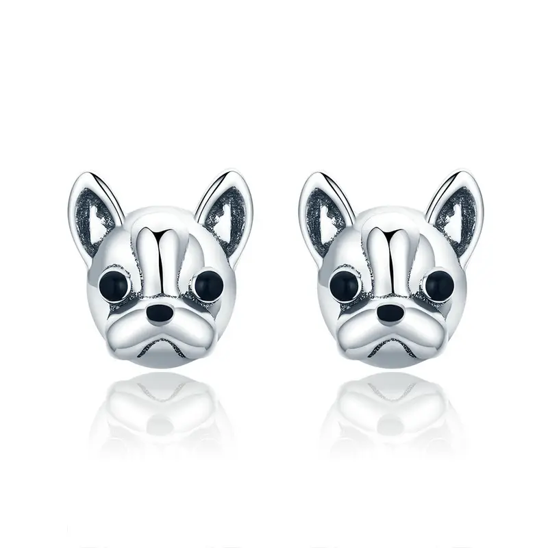 New Trendy 100% 925 Sterling Silver Loyal Partners French Bulldog Dog Animal Small Stud Earrings