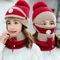 נשים חורף כובע פנים מסכת צעיף סט ליידי חם כפת חיצוני שלג לסרוג כובע חם למבוגרים Windproof כובע