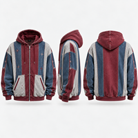 Sweat à capuche zippé personnalisé pour homme, patchwork, mélange de coton lavé, broderie étoile, fermeture éclair intégrale, pour streetwear