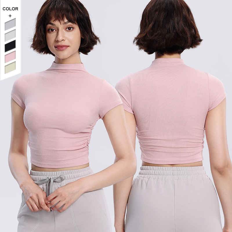 2024 New Yoga Short Sleeve T-shirt Women's Short Slim-fit Half High Neck Fold Waist Yoga Suit Sports Casual Top