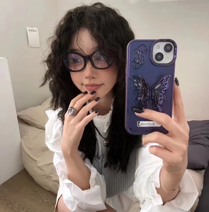 Buena calidad púrpura Glisten mariposa caja del teléfono celular con soporte Pretty Girly plata cubierta del teléfono móvil para Iphone 15 14 13 12 - Product Image 4