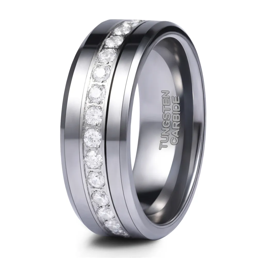 Somen 8mm Silver And Black Cubic Zircon Men Ring Luxury Full Round Diamonds Tungsten Carbide Rings Couple Wedding Bands