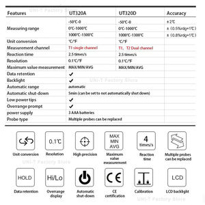 Termómetro Digital Mini de Doble Termopar Tipo K/J UNI-T UT320A UT320D -50-120C, Medidor de Alta Temperatura, Funciona con Batería AAA - Product Image 6