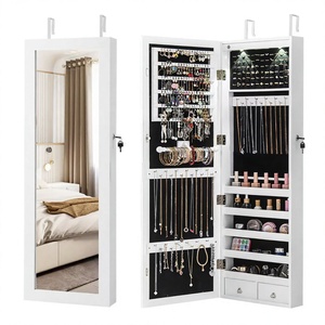 Wall Mounted Mirrored Jewelry <b>Cabinet</b> Lockable Wood <b>Mirror</b> Armoire <b>with</b> LED <b>Lights</b> for Bedroom - Product Image 4