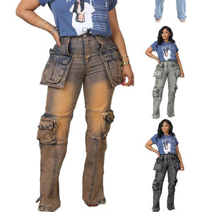 Pantalones vaqueros <span class=keywords><strong>Cargo</strong></span> de alta calidad para <span class=keywords><strong>mujer</strong></span>, pantalones vaqueros de <span class=keywords><strong>vaquero</strong></span> lavados azules de cintura alta Vintage con bolsillos, pantalones vaqueros de calle - Product Image 1