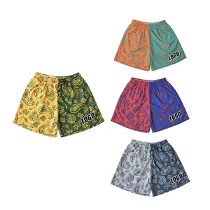 Custom Logo Designer Striped Paisley Patchwork Graphic Double Layered 5 inch inseam Mesh Shorts