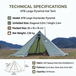 Carpa Grande para 5-8 Personas con Abertura para Estufa y Protección contra Nieve, 4 Estaciones, 210T Ripstop, Diseño a Cuadros, para Exteriores, Capacidad Profesional de 5.0m - Product Image 3