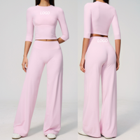 Haut court extensible à manches trois quarts et pantalon de yoga évasé à jambes larges pour femme, ensemble 2 pièces, tenue décontractée pour tous les jours, vêtements de sport