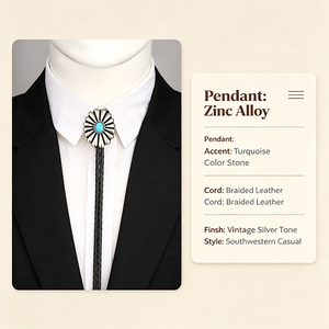 Cravate Bolo Sud-ouest en alliage de zinc avec pendentif en pierre turquoise, cordon en cuir tressé, ton argenté vintage, accessoire décontracté - Product Image 1