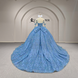 Vestido de Quinceañera Azul Brillante Xy008, Largo hasta el Suelo, con Cuentas de Lujo y Encaje, Hombros Descubiertos, para Fiesta de Cumpleaños - Product Image 5