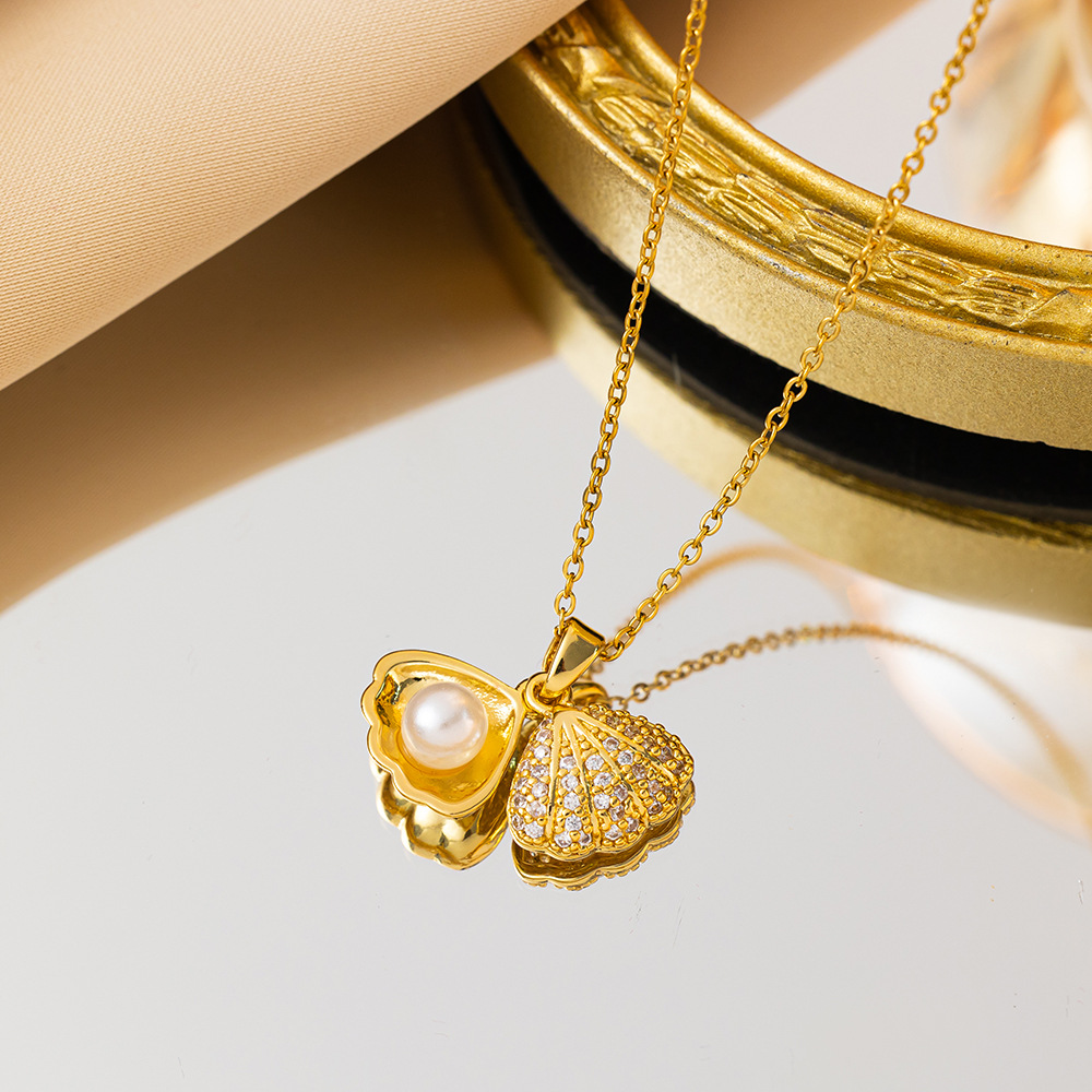 L9030 full diamond shell pearl o chain gold