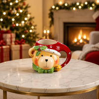 Ensemble de 4 tasses à café de Noël en porcelaine écologique de 16 oz, design Père Noël, bonhomme de neige, pingouin, ours, multicolores, 3D, figurines, pour les fêtes d'hiver