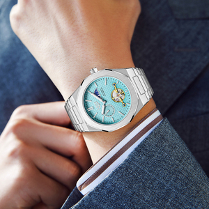 LIGE LG6823 Tourbillon meccanico automatico blu scavato Casual <span class=keywords><strong>orologio</strong></span> da polso in acciaio inox fase lunare <span class=keywords><strong>orologio</strong></span> da uomo - Product Image 6