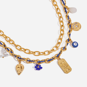 Pendentif porte-bonheur œil protecteur en acier inoxydable, bijoux multicouches dorés avec perles bleues pour accessoires de mode - Product Image 1