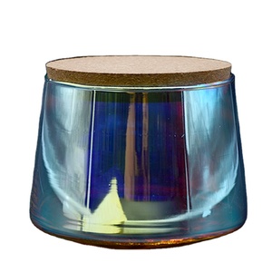 350ML 500ML 600ML Iridescent rainbow finish Black OEM color glass candle vessels with wood lid