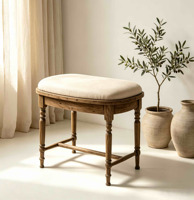 Tabouret rembourré en bois vintage avec coussin en tissu beige, repose-pieds rembourré, pieds tournés pour chambre, entrée, salon, mobilier de maison