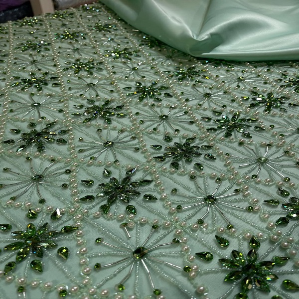 Premium Handmade Crystal and Rhinestone Beaded Lace Fabric for Wedding Gowns and Evening Wear
