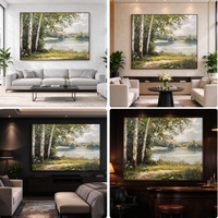 Peinture à l'huile sur toile de paysage lacustre avec bouleaux peints à la main, décoration murale pour salon et chambre, taille personnalisée, usine OEM ODM