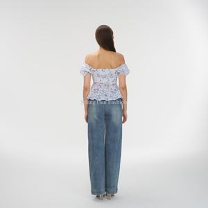 Jeans OEM pour femme, coupe large, taille haute, délavé clair, en denim brodé, style décontracté, coupe droite ample - Product Image 4