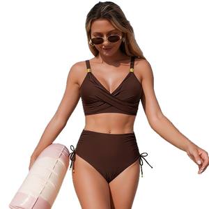 Maillot de bain deux pièces pour femmes, couleur unie, taille haute, ensemble bikini croisé à col licou, pour la plage et les sports nautiques - Product Image 5