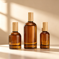 Botol Parfum Kaca Amber Persegi Panjang Mewah Kosong 30ml 50ml 100ml Berkualitas Tinggi dengan Tutup Kayu Bambu dan Pompa Semprot