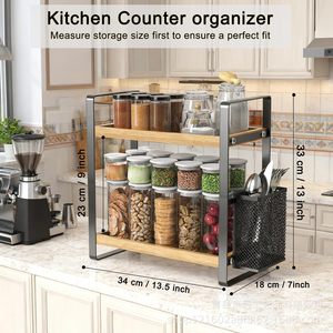 Étagère de rangement de cuisine en bois à double couche avec structure en fer pour condiments et bouteilles, organisateur de comptoir - Product Image 4