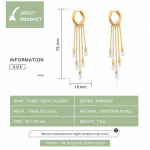 ต่างหูห่วงประดับมุกแบบพู่ห้อย สแตนเลสสตีล ชุบทอง 14K แบบสุญญากาศ ห่วงยาวห้าสาย - Product Image 4