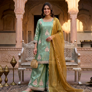 Women's Mint Green Viscose Velvet Salwar Kameez Mustard Dupatta Traditional Indian Wedding Party Diwali Wear <b>Ankle</b>-Length - Product Image 1