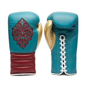 นวมชกมวยหนังแท้ Nabtay Teal ป้องกันการลื่น น้ำหนักเบา พร้อมลายปักสีแดง ตกแต่งด้วยสีทอง ปิดด้วยเชือกผูก สำหรับผู้ใหญ่ ใช้ได้ทั้งชายและหญิง - Product Image 1