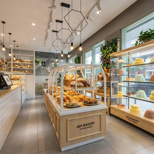 ตู้โชว์ขนมปังไม้โอ๊คแบบกระจกสำหรับร้านเบเกอรี่ คาเฟ่ พร้อมแผงกระจกและตู้โชว์โลหะ - Product Image 1