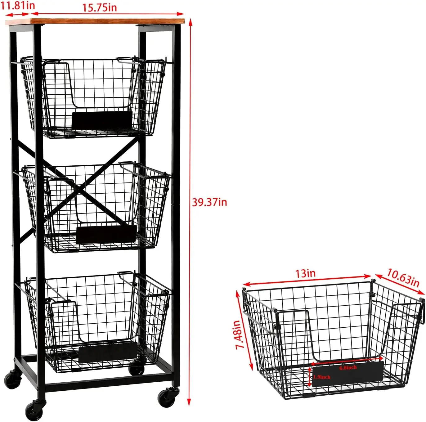 Cestino portaoggetti impilabile a 3 livelli in filo metallico organizzatore per carrello portaoggetti staccabile per frutta e verdura con ruota