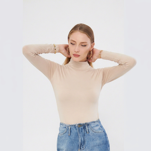 Women's Beige Turtleneck <b>Long</b> <b>Sleeve</b> Knitted Bodycon <b>Top</b> Slim Fit Solid Color Minimalist Style All Seasons Wear - Product Image 1