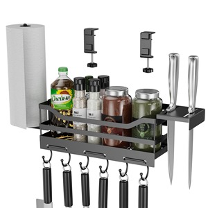 Wall Mounted Storage Basket Black Hanging <b>Kitchen</b> Shelf For <b>Spices</b> And Utensils With Knife <b>Rack</b> And Paper Towel Holder - Product Image 1