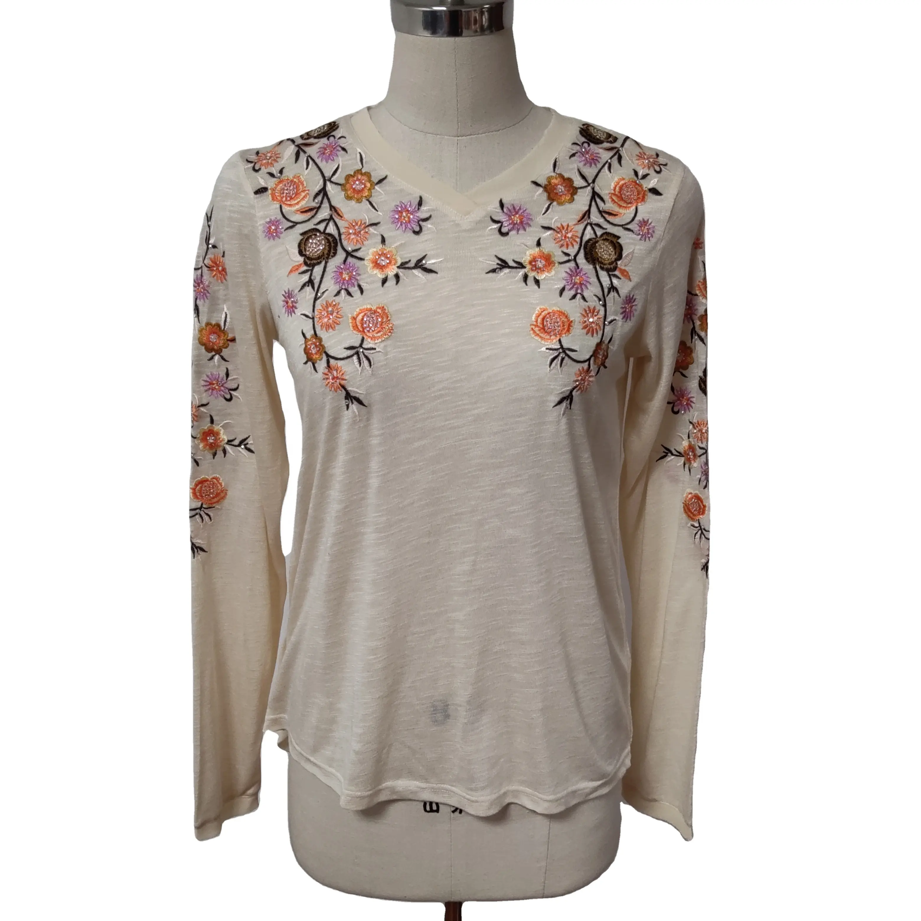 Spring Autumn Casual Fashion T Shirt For Women V Neck Chiffon Patch Long Sleeves Floral Embroidery Women's T-shirts