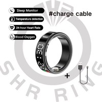 Bague connectée avec écran LED : affichage en temps réel de l'heure, de la date, du nombre de pas, de la fréquence cardiaque et de l'état de la batterie. Interface visuelle.