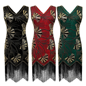 Robe de soirée vintage sans manches à col en V, à sequins et à franges, style fourreau, rouge, verte, noire, tailles S à 4XL, en satin - Product Image 1