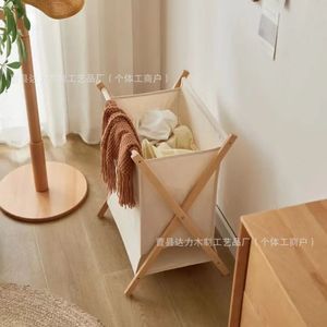 Wooden Folding Canvas Laundry <b>Basket</b> Rectangle Standing Type <b>Foldable</b> Clothes Organizer For Bathroom Bedroom Home Storage - Product Image 2