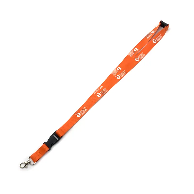 Customized silk print heat transfer logo polyester lanyards with mental oval thumb hook plastic safety buckle