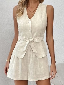 Completo da <span class=keywords><strong>donna</strong></span> in cotone e <span class=keywords><strong>lino</strong></span> russo, elegante, con scollo a V, senza maniche, traspirante, estivo, color kaki, due pezzi - Product Image 4