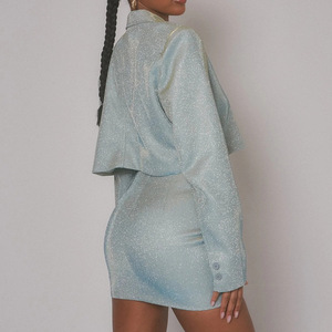 Women's Suit <b>Set</b> Solid Color Long Sleeve High Waist Short Skirt Lapel <b>Blazer</b> Polyester Satin Casual Fashion - Product Image 3