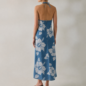 Cantidad mínima de pedido: Vestido maxi vaquero con estampado playero, cuello alto y espalda descubierta, vestido hawaiano de mezclilla de algodón de alta calidad - Product Image 2