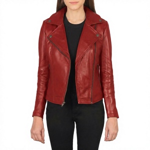 Chaqueta de cuero de lujo para mujer de invierno. La clásica chaqueta de cuero roja para mujer, de piel de oveja lisa. - Product Image 1