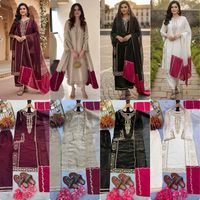 Setelan Kurta Atasan Palazzo Dupatta Sutra Putih Merah Desainer Tradisional untuk Pesta Wanita, Semua Musim, Cepat Kering