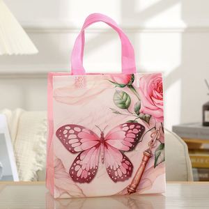 Sacs réutilisables non tissés avec poignées, motif papillon et fleurs roses, pour emballages cadeaux, anniversaires, Noël, fêtes - Product Image 4