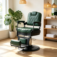 Fauteuil de barbier vintage en cuir matelassé vert foncé, pivotant à 360°, inclinable hydrauliquement, avec repose-pieds