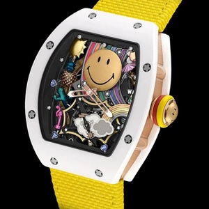 Reloj de pulsera para mujer con diseño de cara sonriente, estilo dulce y moderno, esqueletizado, mecánico, caja blanca con correa amarilla, a la moda - Product Image 4