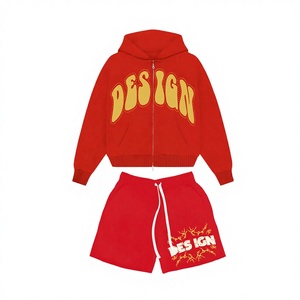 Custom Logo Summer Sports Tracksuits for Men Double Zip Hoodie & Shorts <b>Set</b> Breathable 100% Cotton 2-Piece Joggers - Product Image 3